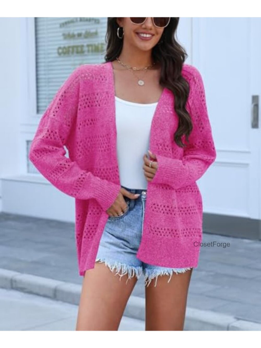 Crochet Cardigan Lightweight Open Front Kimono Long Sleeve V-Neck Loose Fit Knit - Picture 3 of 5